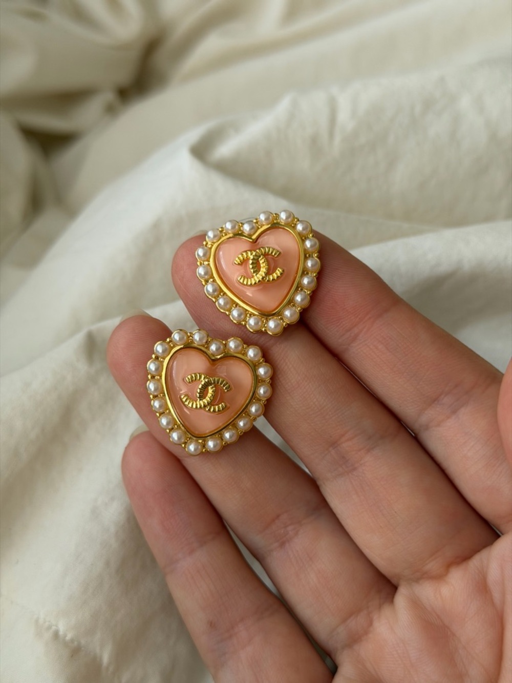 CHANEL Peach Heart Pearl-Trimmed CC Post Back Earrings - Picture 9 of 10